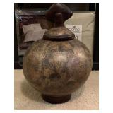 LARGE HEAVY POTTERY RELIC CASKET WITH DESIGN 17" TALL X 10" ROUND - UP BED 1