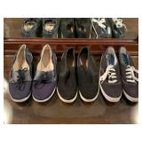 KEDS BLACK CANVAS TENNIS SHOES SIZE 9 1/2M, CROFT & BARROW BLACK SLIP ONS SIZE 9 1/2M & CROFT & BARROW BLACK SLIP ONS SIZE 8 1/2M (ALL GENTLY WORN) - UP MASTER BED