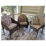 3 BROWN WICKER OUTDOOR CHAIRS W/ CUSHIONS & PILLOWS - BACK PORCH