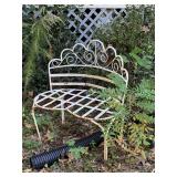 WHITE METAL OUTDOOR BENCH 32" LONG X 19" DEEP X 36" TALL & BLACK RUBBER HEAVY DUTY GARDEN HOSE - BACK YARD