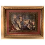EXTRA LARGE ORNATELY FRAMED/MATTED BY JAMES JACQUES JOSEPH TISSOT (BELIEVED TO BE COLORED LITHOGRAPH) ART PRINT OF THE GARDEN BENCH MOTHER & CHILDREN 46" X 34" - LIVING ROOM