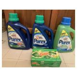 3 BOTTLES OF PUREX LIQUID LAUNDRY DETERGENT & 1 BOX GAIN DRYER SHEETS (MOST FULL) - UP MASTER BATH