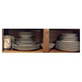 SHELF LOT TO INCLUDE 38 PIECES OF GREY/WHITE STONEWARE - KITCHEN
