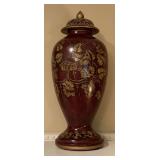 VERY NICE DECORATIVE WINE/GOLD TALL URN WITH LID 18" TALL - DEN