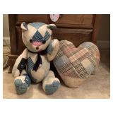 VINTAGE HANDMADE FROM OLD QUILTS JOINTED TEDDY BEAR & HEART SHAPED PILLOW - UP BED 1