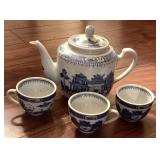 BLUE/WHITE "BLUE WILLOW" TEA/COFFEE POT & 3 DEMITASSE BLUE/WHITE "BLUE WILLOW" TEA/COFFEE CUPS - LIVING ROOM