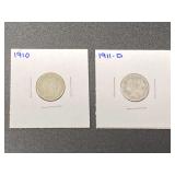 1910 and 1911 – D Barber dimes, see pictures for details.
