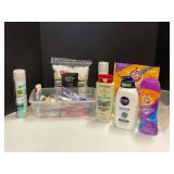 Shelf lot marked 6119 of assorted toiletries to include body wash, dry shampoo, toothpaste, toothbrush, deodorant, and more. Tubs are not included, see pictures for details. ￼