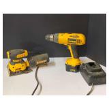 DeWalt 12 V cordless drill, comes with battery and charger, working condition unknown, also comes with a DeWalt electric 1/4 sheet sander, powers up, see pictures for details.
