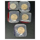 2003, 2004, and 2005 Sacajawea dollars, also includes a 1981 Susan B Anthony Dollar, five pieces total, uncirculated, and from mint sets, see pictures for details.