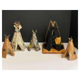 Ceramic Native American teepees, four pieces, also includes one made from leather mounted on wood, see pictures for details.