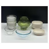 Assorted items to include a vintage EO Brody ribbed vase, small mixing bowl, ramekins, and more. See pictures for details.