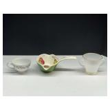 Vintage kitchen items to include an Anchor Hocking milk glass sugar bowl, vintage no drip gravy separator, and more. Three pieces total, see pictures for details.