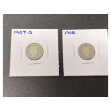 1907-O and 1908 Barber dimes, see pictures for details.