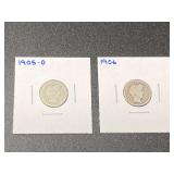 1905–0 and 1908 Barber dimes, see pictures for details.