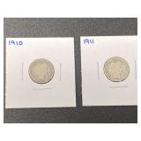 1910 and 1911 – D Barber dimes, see pictures for details.