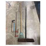 Pushbroom, small head rake, bar clamp and hacksaw, see pictures for details.
