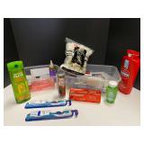Shelf lot of assorted toiletries marked 6115 to include toothpaste, toothbrush, cotton balls, shampoo, body wash, and more. Tubs are not included, see pictures for details. ￼