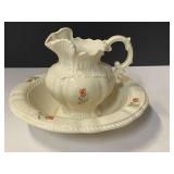 Vintage ceramic pitcher and bowl decor with floral motif, pitcher spout is cracked, see pictures for details.