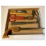 Assorted hand tools to include a keyhole saw, hammer, pliers, and more. See pictures for details.