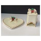 Mud Pie heart shaped trinket tray and teabag dispenser, “leaves” on both pieces have broken tips, see pictures for details.