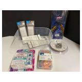 Assorted household crafting supplies to include bracelet kit, tie-dye kit, beaded tribal collar, and more. Tub is not included, see pictures for details. ￼