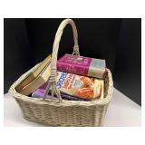 Large woven basket with book content, see pictures for details.