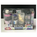 Crystal Clear resin kit with alcohol inks, mica powder, and foil flakes. See pictures for details.