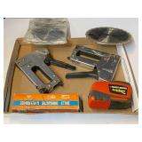 Assorted items to include a sharpening stone, Black & Decker auto tape, sawblades, and more. See pictures for details.