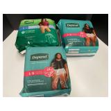 Depend ladies underwear for incontinence, three packages @ 17 per package, 2-night defense, 1-maximum, see pictures for details.
