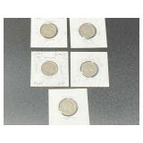 Buffalo nickels, five pieces, includes a 1937D, and a 1913, see pictures for details.