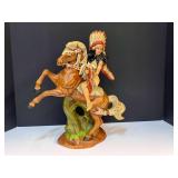 Ceramic Native American woman on horseback, her Lance has been broken, see pictures for details.