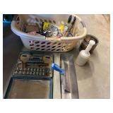 Assortment of household goods to include drywall mud pan and knife, sockets, paint brushes, concrete edger, notched trowel, and more. See pictures for details.