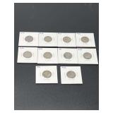 V nickels, 10 pieces, various dates, see pictures for details.