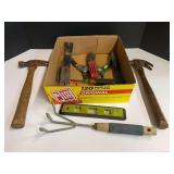 Assorted hand tools to include hammers, flat bar, screwdriver, small garden hand tools, and more. See pictures for details.