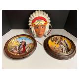 Ceramic Native American mask, also includes collectible Native American wall plates from the American Indian Heritage Foundation Museum, three pieces total, see pictures for details.