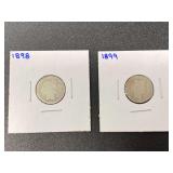 1898 and 1899 Barber Dimes, see pictures for details.