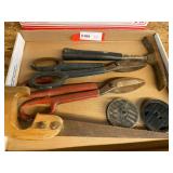 Assorted hand tools to include tin snips, rock hammer, keyhole saw, and more. See pictures for details.