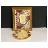 Framed mixed media collage, also includes a decorative wall mount plate with floral motif, see pictures for details.