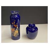 Asian themed, cobalt blue tall vase and lidded ginger jar, see pictures for details.