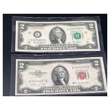 Two dollar bills, red seal series 1953B, and Greene seal series 2013, see pictures for details. ￼