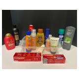 Assorted toiletries to include shampoo, mouthwash, sunscreen, toothpaste, shave gel, and more. Tub is not included, see pictures for details.