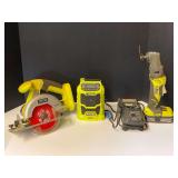 Ryobi 18V cordless trim saw, multitool, and work radio, comes with battery and charging cord, working condition unknown, see pictures for details.