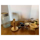 Assorted home decor to include vintage miniature bud vases, shell covered trinket box, egg cup, vintage/antique canning jar, and more. See pictures for details.
