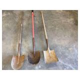 Shovels, three pieces, includes two spade shovels and a flat shovel, see pictures for details.