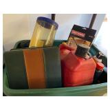 Assortment of household items to include a Ryobi cordless drill, working condition unknown, gas can, band clamps, motor oil, and more. See pictures for details. ￼