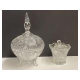 Lovely cut glass lid sugar dish, believed to be from Studio Nova, also includes a beautiful footed, steeple lid crystal candy dish, see pictures for details.
