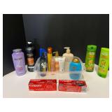 Assorted toiletries to include toothpaste, conditioner, shampoo, sunscreen, and more. Tub is not included, see pictures for details. ￼