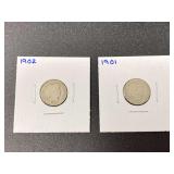 1901 and 1902 Barber dimes, see pictures for details.