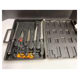 Kitchen knife set with carrying case and sharpener, includes kitchen scissors, with broken handle on one side, see pictures for details.